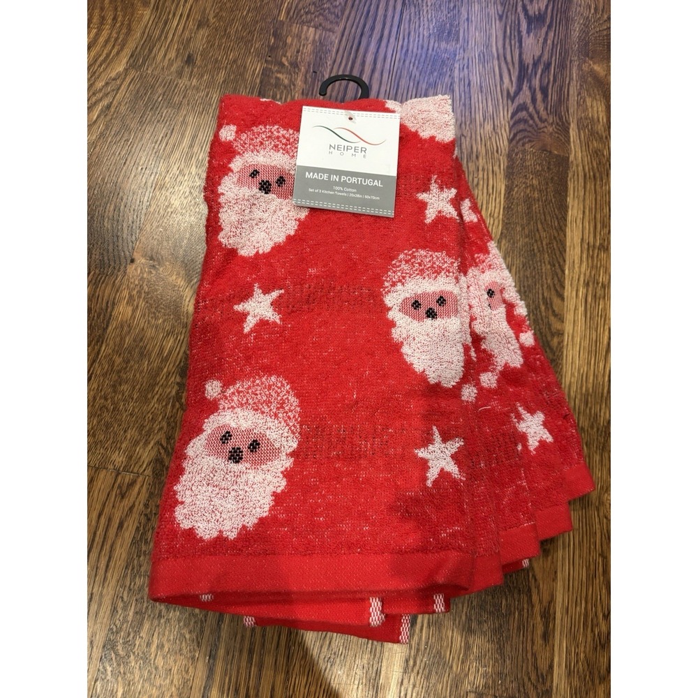 Santa Claus Kitchen Towels Set Of 3 NWT 100% Cotton Red White Christmas